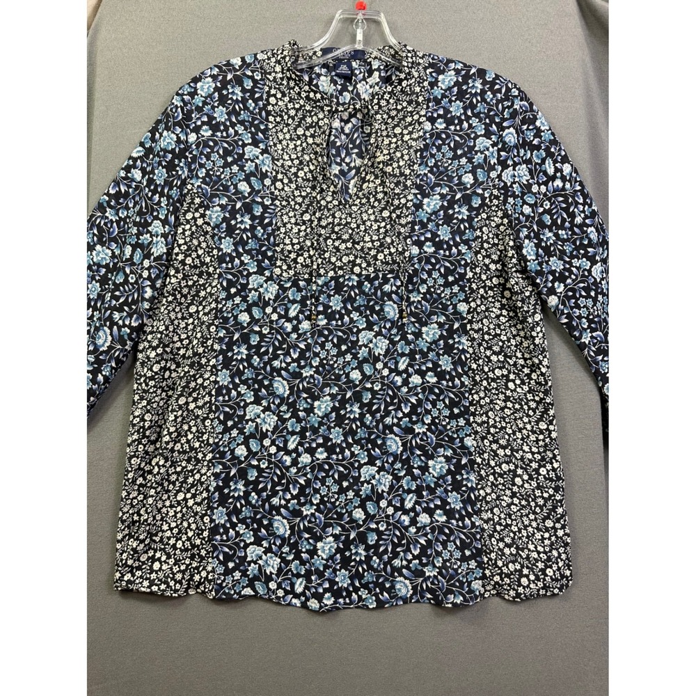 Chaps Petite Medium Blue Floral Mixed Print Tie Neck Blouse Long Sleeve Top PM
